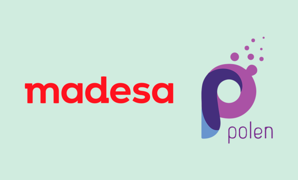Logos da Madesa e do Pólen em um fundo azul claro.