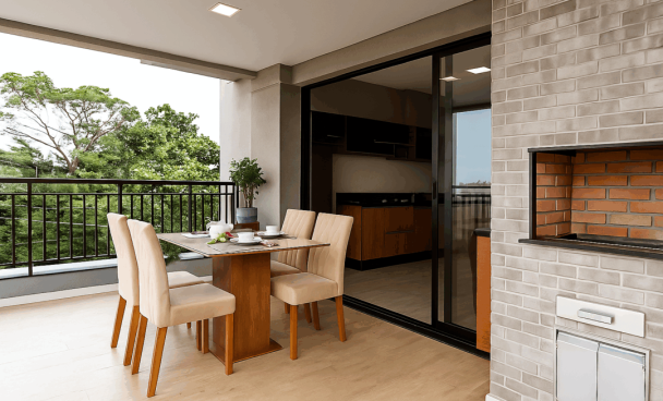 Mesa de jantar Madesa em uma varanda gourmet.