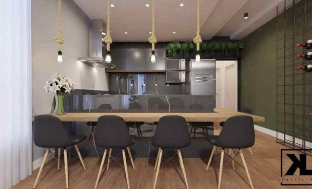 |A @kl_arquitetura_3 tem um exemplo de cozinha inteligente, otimizando seu espaço e funcionalidades.