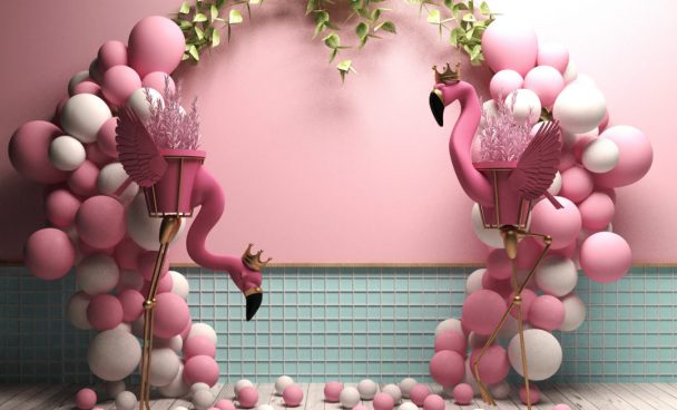 3d render pink color balloons decor, christmass and happy birthd