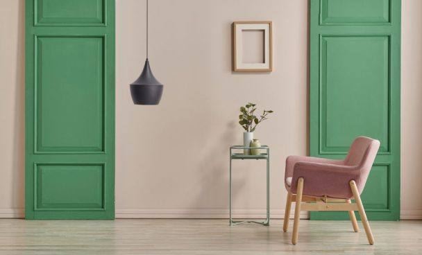 Green door, lamp, frame and coffee table background style.
