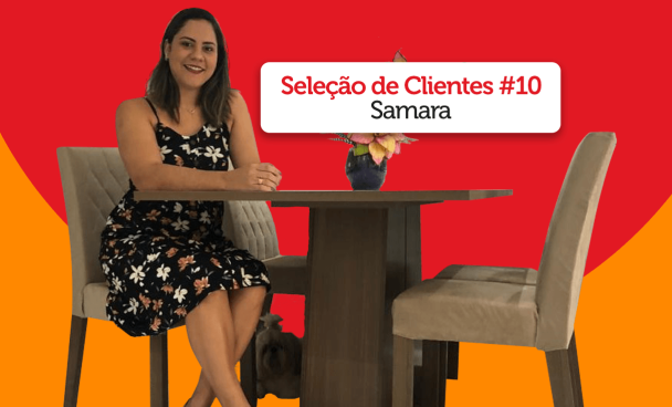 Foto da cliente Samara com sua sala de jantar Ingrid em um fundo vermelho e laranja.