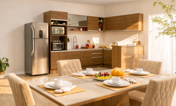 Sala de jantar integrada à cozinha com mesa retangular de 4 lugares, exemplo das medidas de mesa de jantar para ambientes integrados