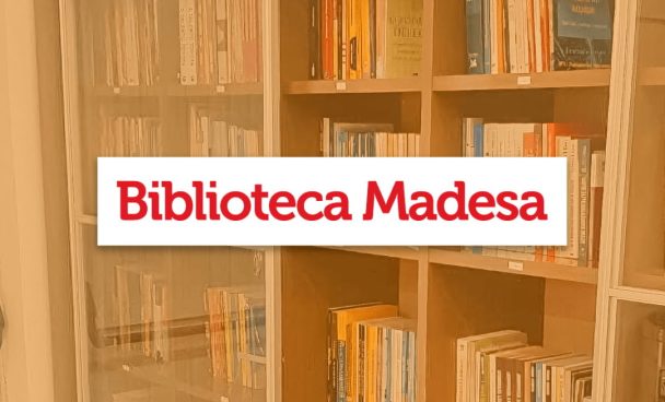 Imagem da estante de livros com o dizer "biblioteca madesa".