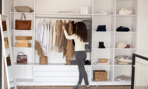 A imagem ilustra uma mulher de cabelo castanho em seu quarto com closet pequeno.
