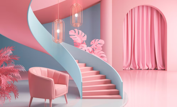 Um espaço moderno apresenta uma escada em espiral em tons de azul e rosa, com plantas decorativas e luminárias pendentes. Um sofá rosa está à esquerda, e um fundo com cortinas rosa complementa a estética.
