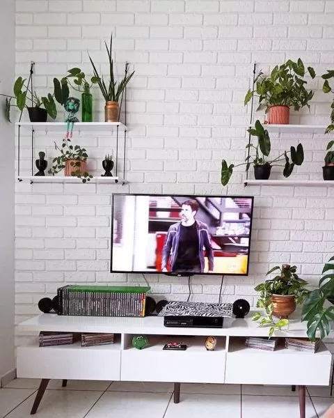 Sala de cliente Madesa decorada com plantas em prateleiras.