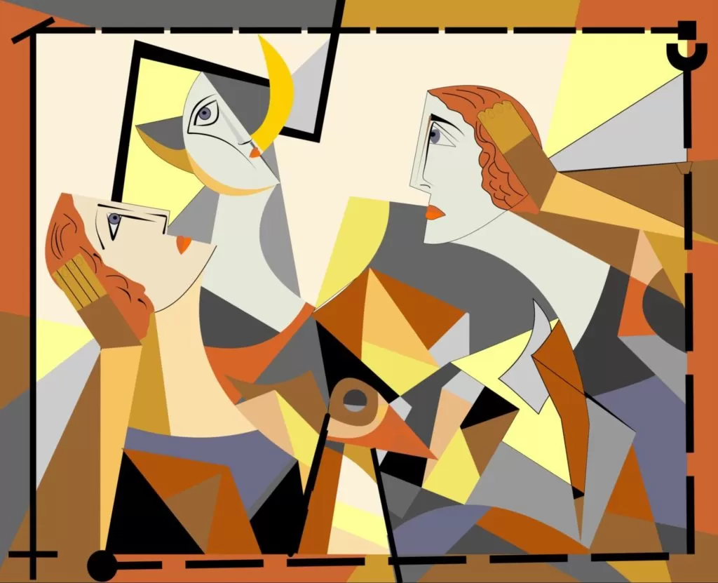 Pintura geométrica com cores vibrantes e formada por figuras geométricas, exemplo do Cubismo.
