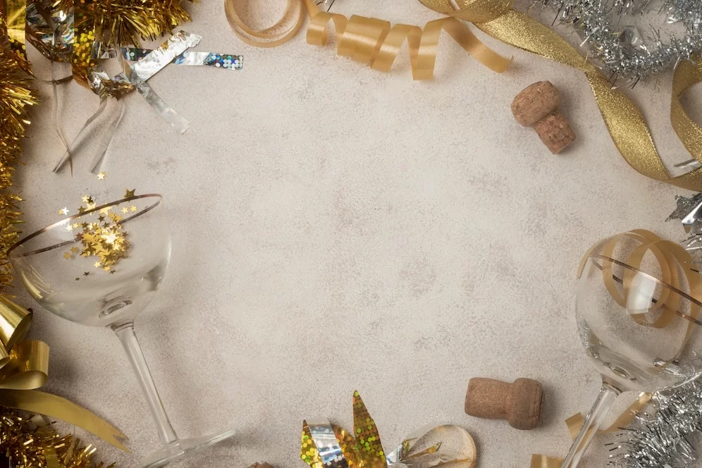 A imagem ilustra uma mesa branca com decorações para ceia de ano novo simples e barata em dourado.