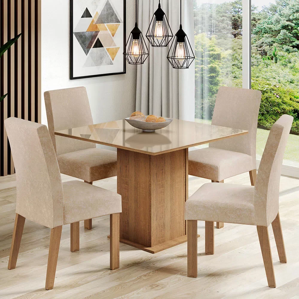 Conjunto de sala de jantar Madesa Evelin, nas cores crema e rustic, decorado com uma fruteira.