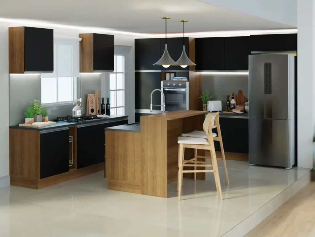Cozinha Madesa, nas cores preto e rustic, com uma ilha também na cor rustic no centro.