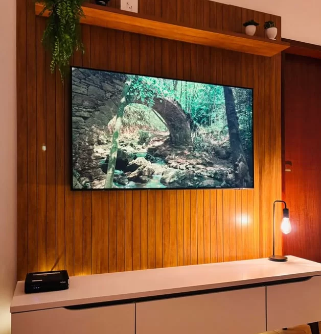Sala de estar aconchegante com uma TV de tela plana montada na parede de madeira, exibindo uma imagem natural. A iluminação suave destaca a prateleira acima da TV, que contém plantas decorativas, enquanto uma lâmpada de pé com design minimalista complementa o ambiente.