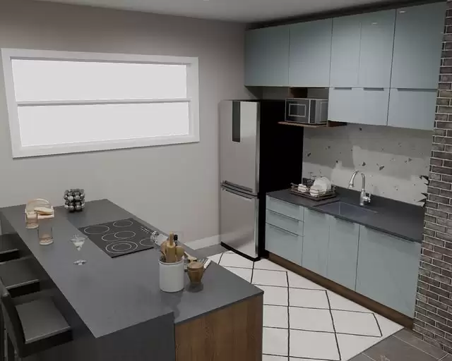 Cozinha com armários cinzas, bancada preta, geladeira de inox, micro-ondas, pia com torneira e uma parede de azulejo branco com manchas pretas. Há uma janela grande e uma ilha com cadeiras na frente, decorada com utensílios e taças.