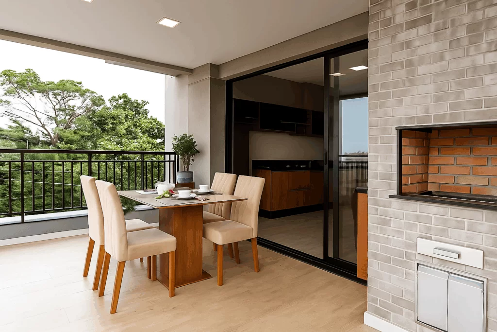 Mesa de jantar Madesa em uma varanda gourmet.