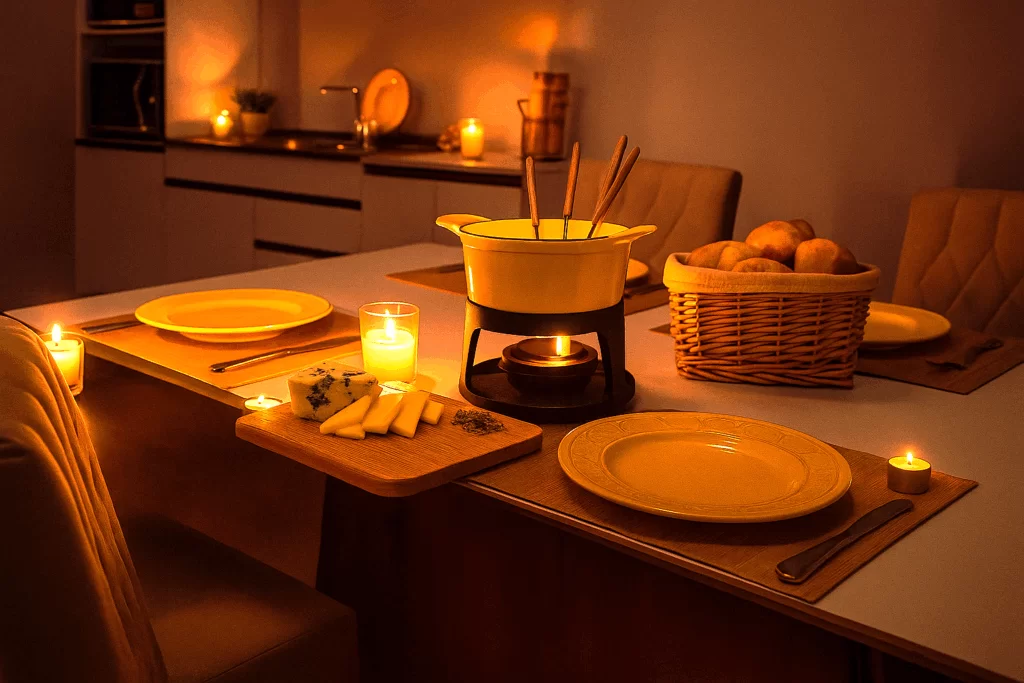 Mesa de jantar preparada para fondue, com aparelho de fondue branco no centro, acompanhado por garfos metálicos com cabos de madeira, tábua com queijos e ervas, cesto com pães e pratos. O ambiente está iluminado por várias velas acesas, criando um clima quente e acolhedor.