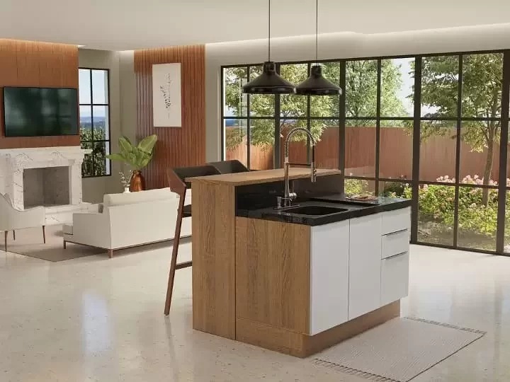 Ilha de cozinha com bancada em rustic/branco, colocada no meio do cômodo.