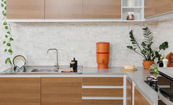 Cozinha em L com armários de portas em madeira e plantas sobre a bancada, além de eletrodomésticos e um filtro de água feito com barro